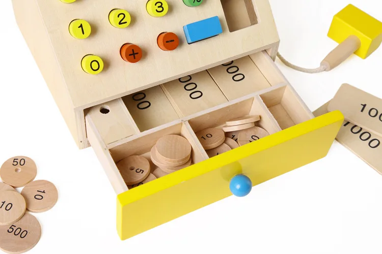 Wooden Toy Cash Register with Coins and Dollars;Pretended Wooden Counting Toy