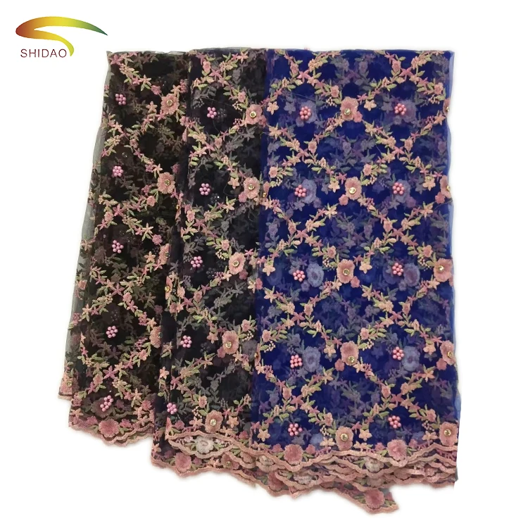 2017 wholesale 3d embroidery designs flower tulle french lace rhinestone and beaded fabric for wedding party dresses