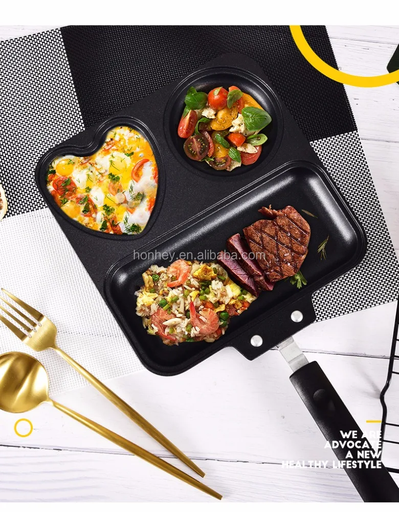 Aluminum non stick non-stick 3 three section divided in 1 one grill fry pan