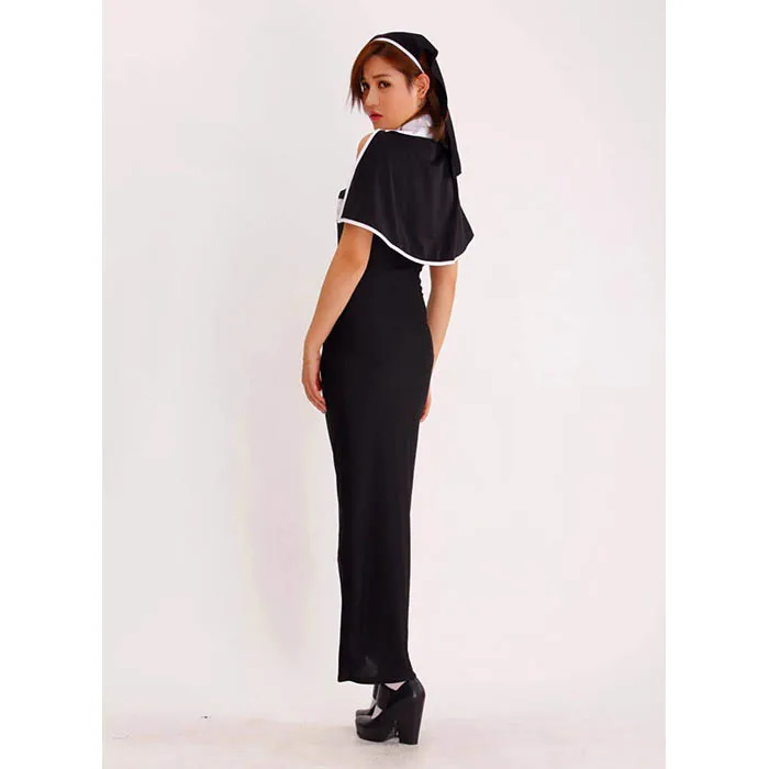 
Sexy Vertical Stripe Off Shoulder Fancy Long Dress Women Halloween Cosplay Nun Costume 