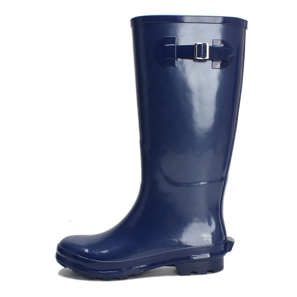 
Hot sale navy blue wellington women knee boots rubber rain boots ladies with side buckle have in stock 