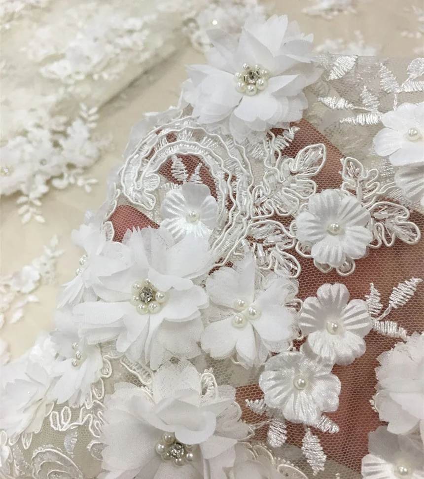 best selling bridal 3d lace fabric cord lace beaded embroidery fabric with flower applique and stones for wedding dress