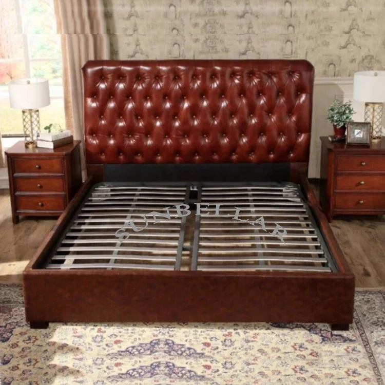 Foshan factory bedroom king size bed luxury antique tufted vintage tan leather wooden beds America style furniture