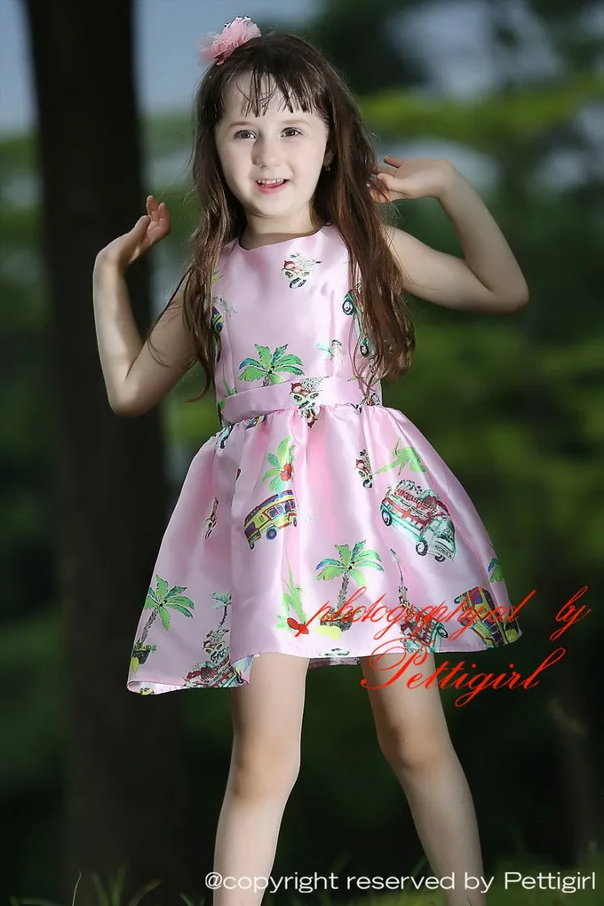 Pettigirl 2015 осенью новая мода без рукавов круглый воротник розовый печатный рисунок детские повседневние платье