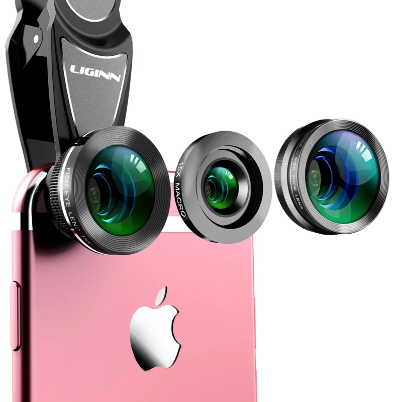 LIGINN hot new products cellphone camera lens 0.36x wide angle 198 degree fish eye 15x macro lens kit for ip smartphoes