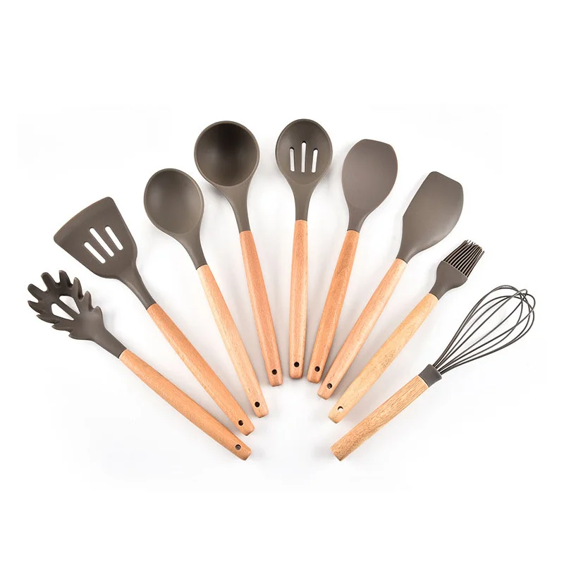 Wholesales Eco-friendly Kitchen Utensil Set 9 Pieces Wooden Handle Silicone Kitchen Set