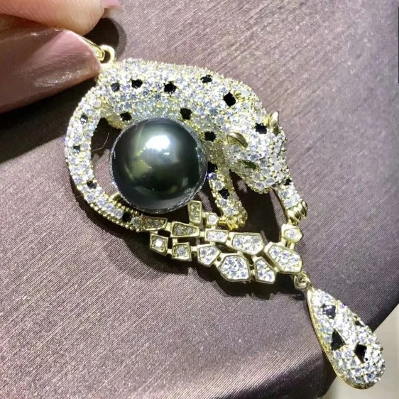 Natural Tahitian Black Pearl necklace 925 sterling silver jewelry Cool Leopard Pendant Necklace accessories women necklace