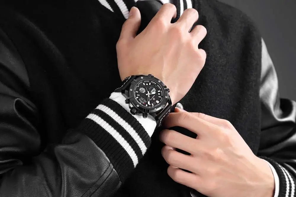 GOLDENHOUR sport watch countdown timer Leather Strap Waterproof Sport Chronograph Military Army watches For Men
