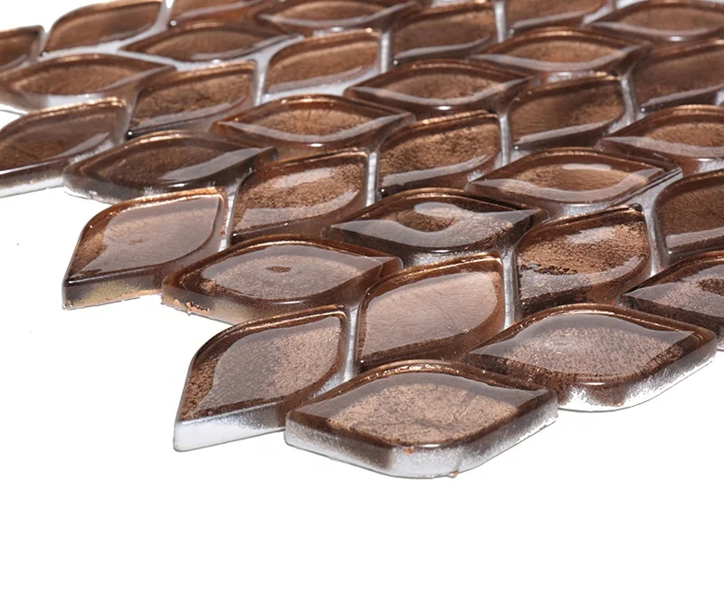 Kitchen Splashback Copper Foil Leaf Shaped Glass Mosaic Tile Water Jet Mosaic Tile