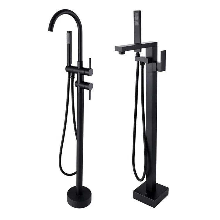 Freestanding Bath Faucet Spout Shower Floor Mount Shower set Mixer Valve 2 Function Matte Black Bathtub Mixer Faucet