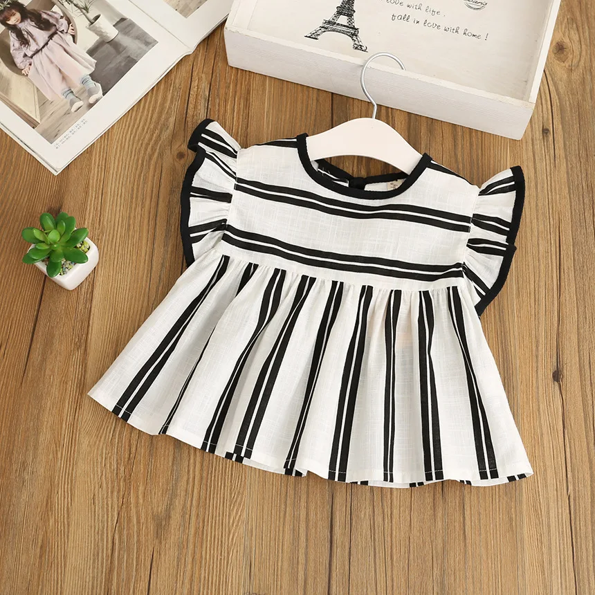 
Summer Blouse Kids Baby Flare Sleeve Cotton Tops Black White Stripe Blouses For Girls Shirts Children Clothing 