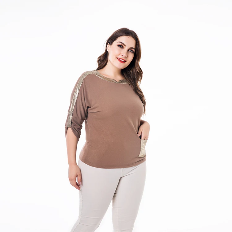 Wholesale European and American plus sizes clothing with circular collar gilt button belt knitted T-shirt top for women.
