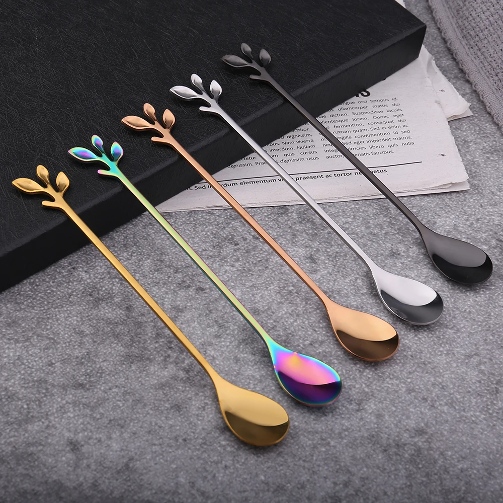 Elegent Leaf Cake Fork And Spoon Colorful Small Stainless Steel Coffee Stirring gold Spoon