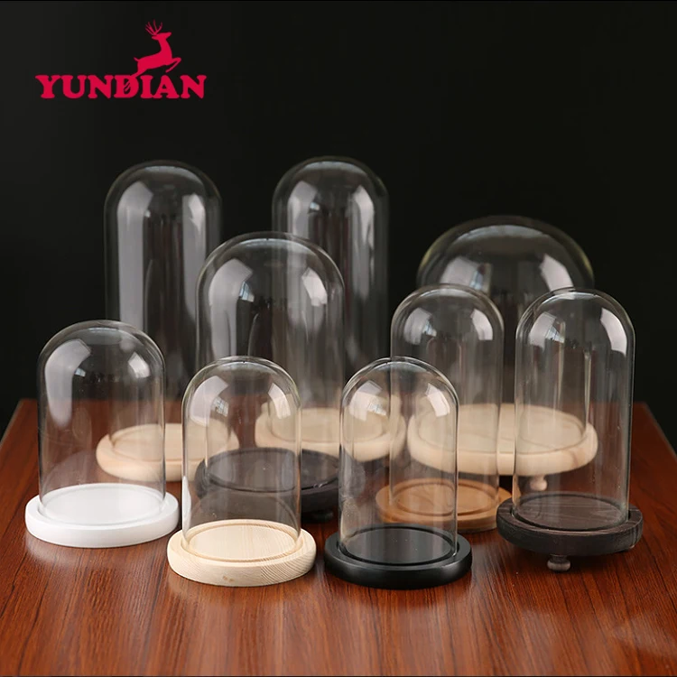 Factory Wholesale Different Size Oval Shape Bell Display Cloche Transparent Clear Glass Dome With Base Wood For Home Decor