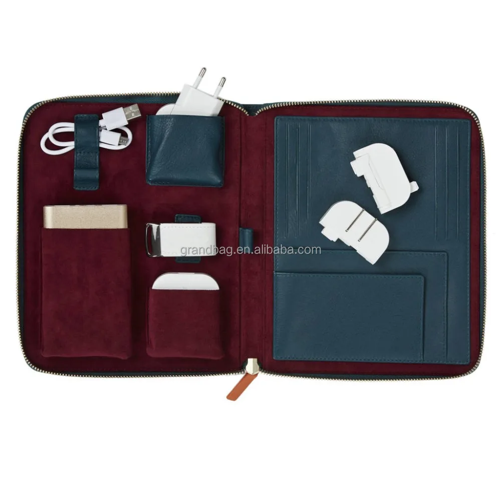 custom genuine leather travel tech case electronic accessories digital accessory storage bag card passport holder organizer case