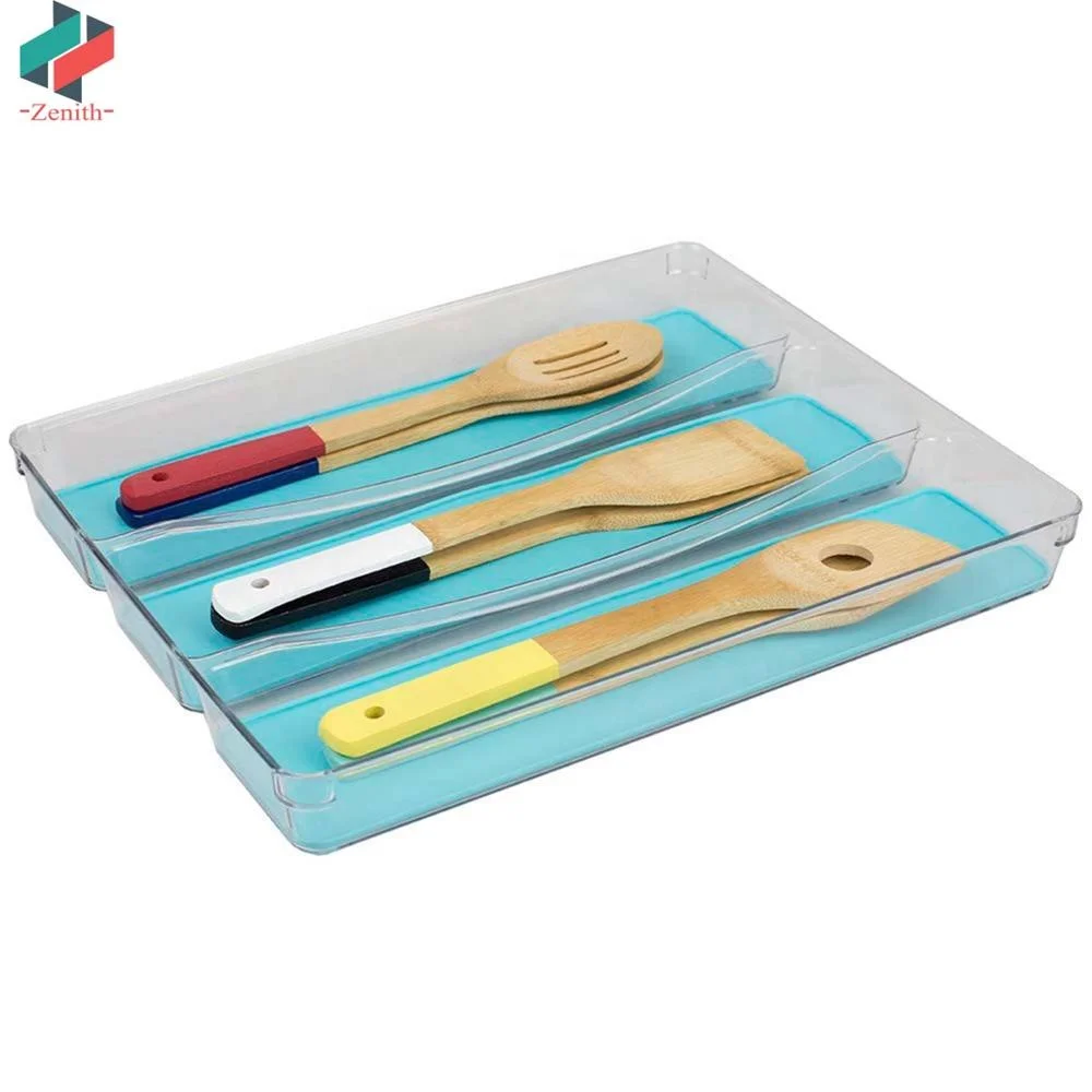 ZNF00090 Clear Plastic 3 Compartment Cutlery Tray Silverware Organizer Utensil Holder for Drawer with Rubber Liner for