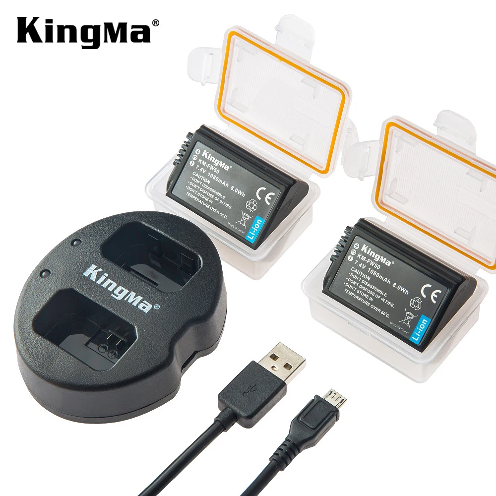 KingMa NP-FW50 Камера Аккумулятор Зарядное устройство для Sony A6300/A6500/a7/a7rii/NEX-7/NEX-5 (2 шт. в комплекте 1080 мА/ч, зарядное устройство с двумя usb-портами)