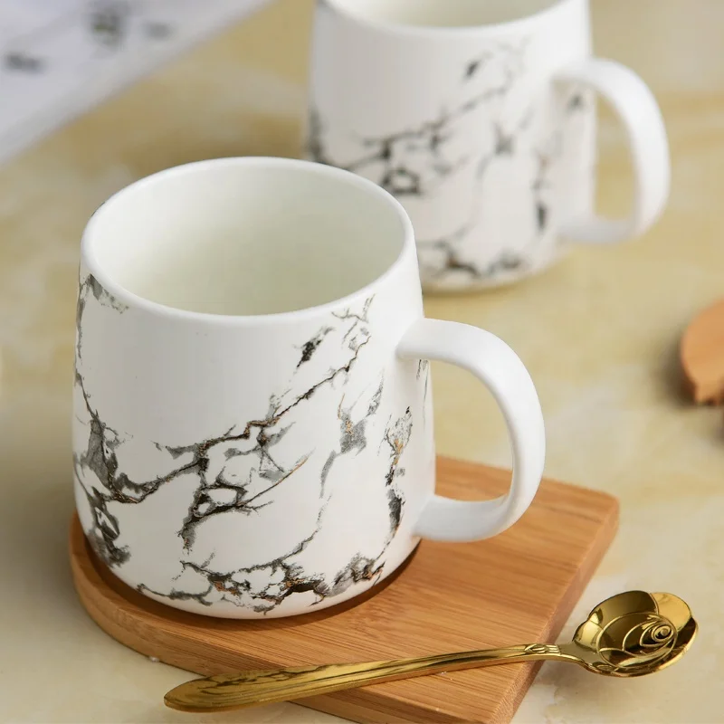 Nordic ceramic marble mugs custom printing porcelain tea mug with wooden lid