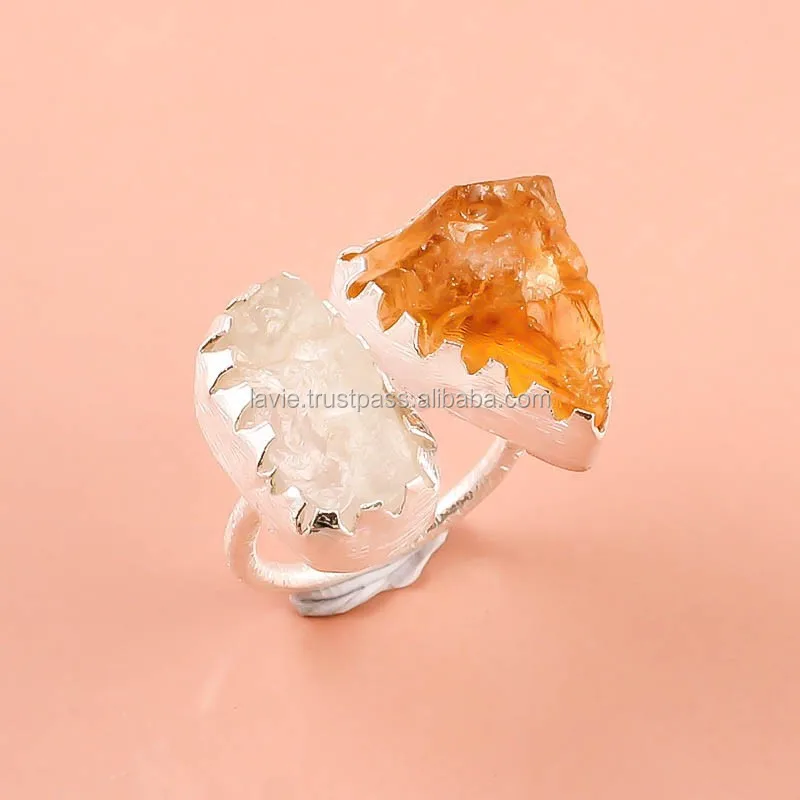 925 Sterling Silver Ring, Natural Rough Aquamarine Citrine Gemstone Jewelry, Raw Gemstone Jewelry