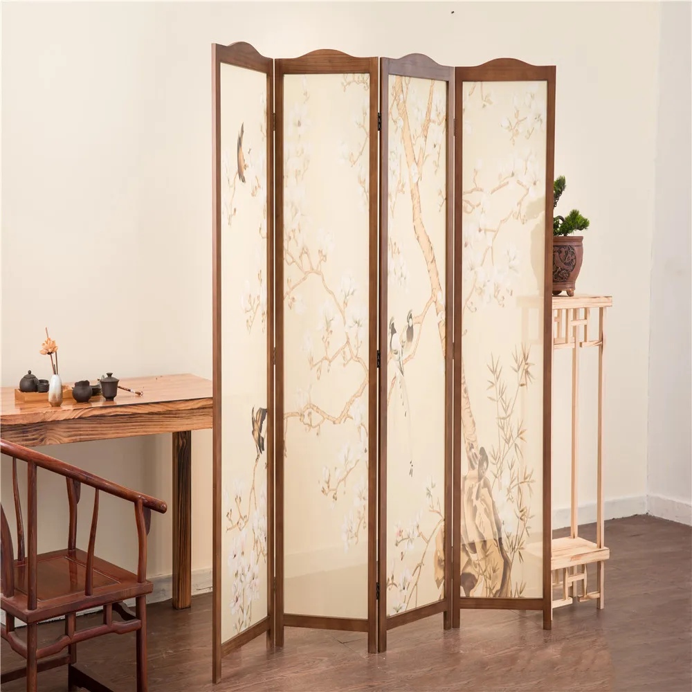 
Wooden Screen Room Divider 4 Panel Neo-Chinese Style Solid Wood Folding Indoor Decoration Wooden Screen 