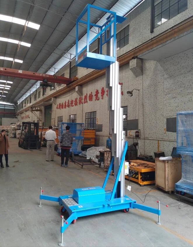 Factory Direct Sell Mobile Elevated Lift Platform 125kg Aluminum Aerial Work Platform 0.62m-1.58m Table Size Single Mast Blue
