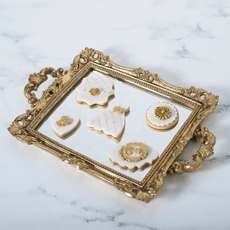 
European Style gold Decoration Custom Hotel Home Decor Antique serving Mirror Square Jewelry Resin Fruit Tray For Wedding luxury 