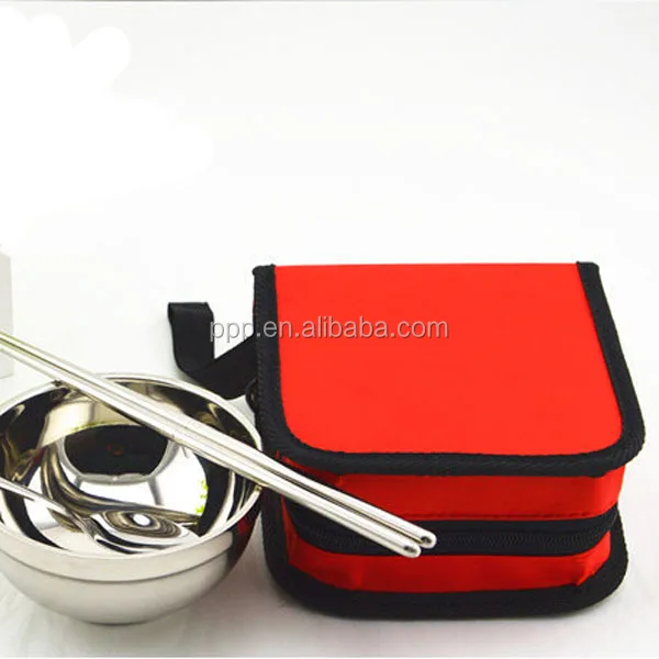 
Outdoor Camping Portable Stainless Steel Cloth Bag Tableware Set 1 Spoon and 2 pairs Chopsticks With One Rice Bowl 