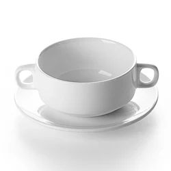 White Porcelain  270ml Stackable Soup Bowl With Handle&Saucer, Ceramic Bowl Wholesale, Porcelain Bowl White@