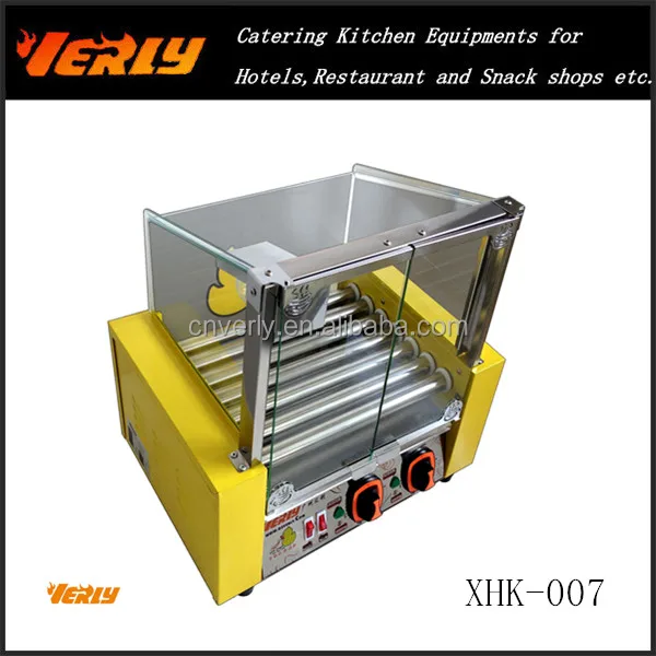 Electric mini yellow color 7 roller Hot dog Grill / sausage making machine with glass cover XHK-007