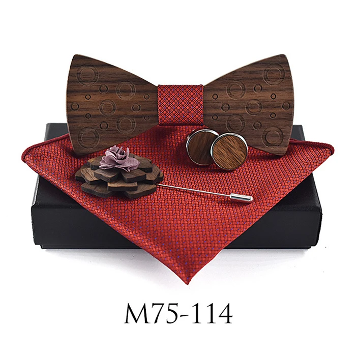Cheap Brooch Pin Bow Tie Custom Collar Mens Boy Gift Box Wood Bowties and Hanky Sets One Wood Tie