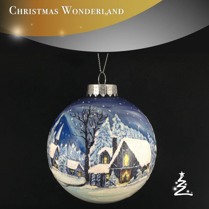 
 Рождественское украшение 100 мм окрашенный Снежный пейзаж синий стеклянный шар  