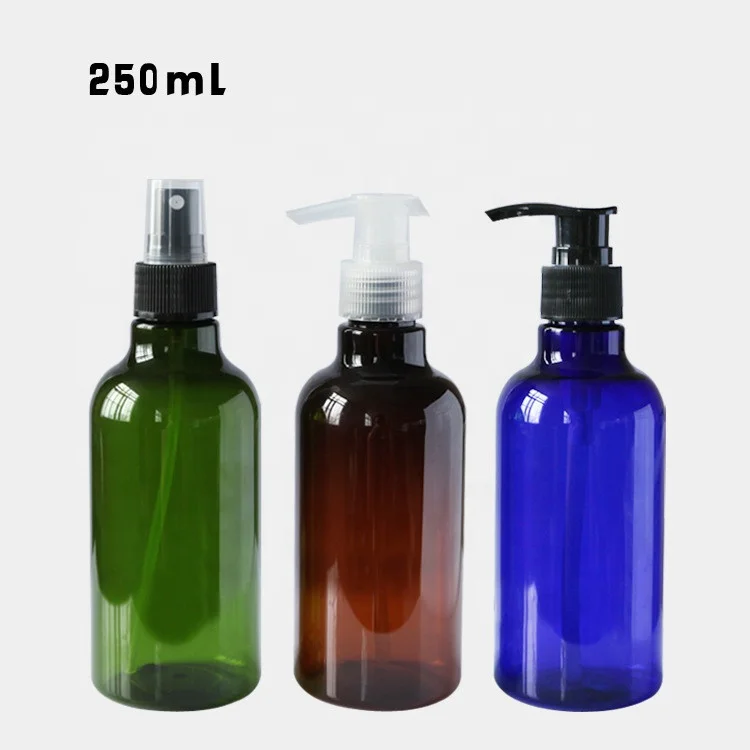 
250ml 500ml 1000ml green blue amber clear PET plastic shampoo boston bottle with white clear black pump shampoo liquid dispenser 