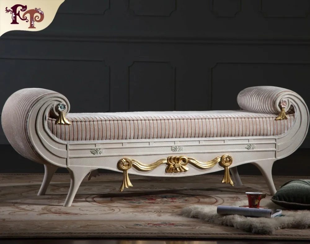 
luxury wooden bedroom furniture - hand carved leaf gilding classic bed end bench 