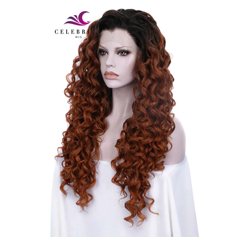 Free sample Wholesale black price Natural Brown Color Medium Kinky Curly ombre long Synthetic Hair Lace Front Wigs for women