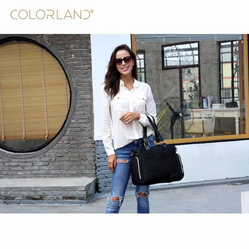 New Design Stylish Quilting Baby Diaper Bag Black Color Quilted Polyester Mummy Tote Bag