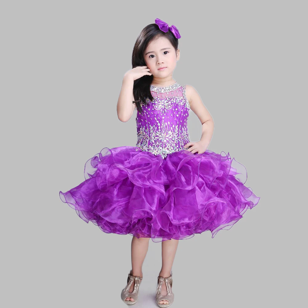 Hot selling organza short child dress summer beaded girls dresses purple