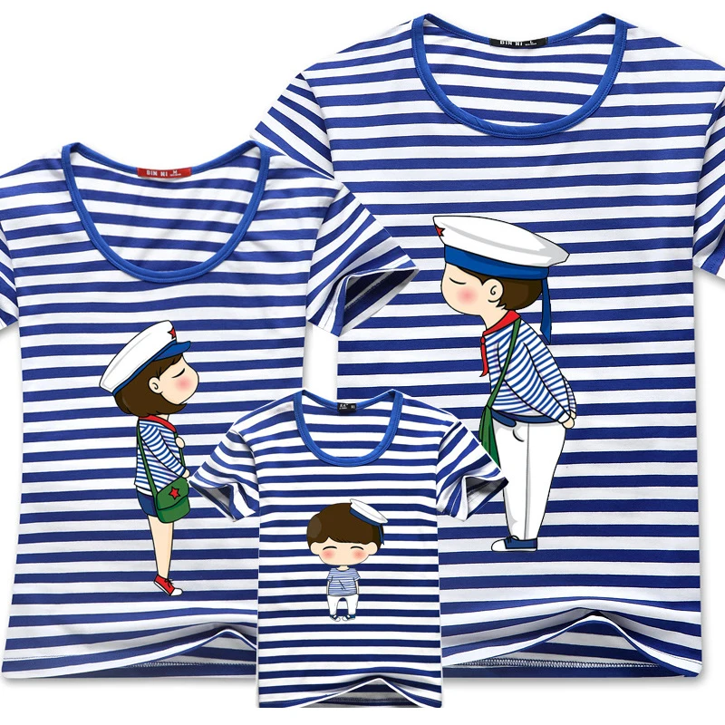 2016 Family Matching Clothes Blue Stripe Quality Couple T Shirt Cartoon Female Male 4xl Summer Short