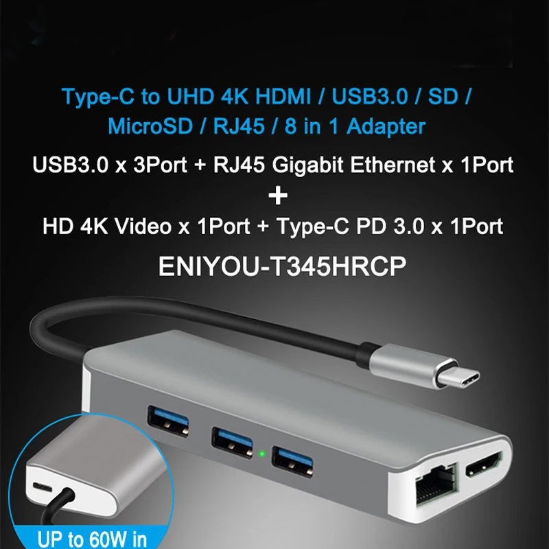 
USB 3.1 Type C Hub to UHD 4K HD-MI/USB3.0/SD/MicroSD/RJ45/8 in 1 Adapter 