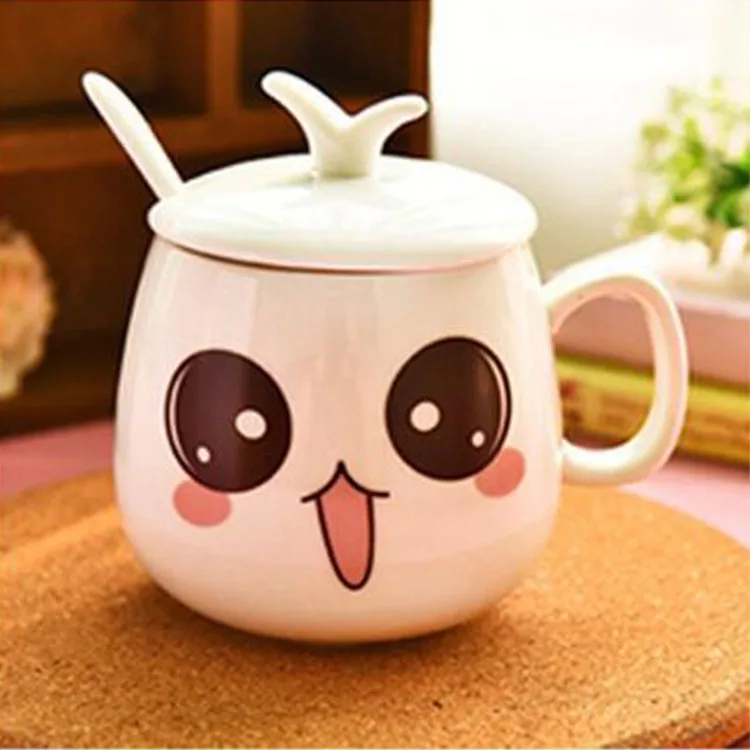 Custom Personalized Cute Expression Cartoon White Ceramic Coffee Mug with Lid Spoon Reusable Coffee Cups