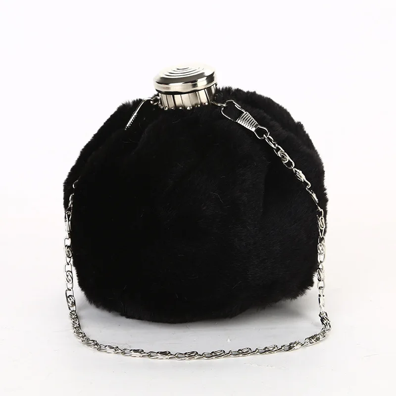 
Female 2019 New Flagon Wine Pot Bottle Special Lock Way Soft Fur Portable Evening Bags Clutch Purse 