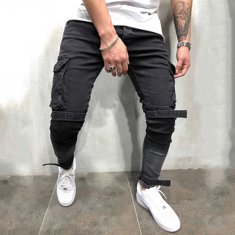 
Wholesale Price Mens Slim Fit Black Cargo Jeans Homme 