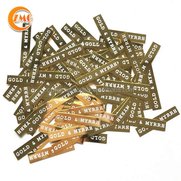best selling cheap high quality shiny gold finished and white printed small rectangle adhesive metal tag