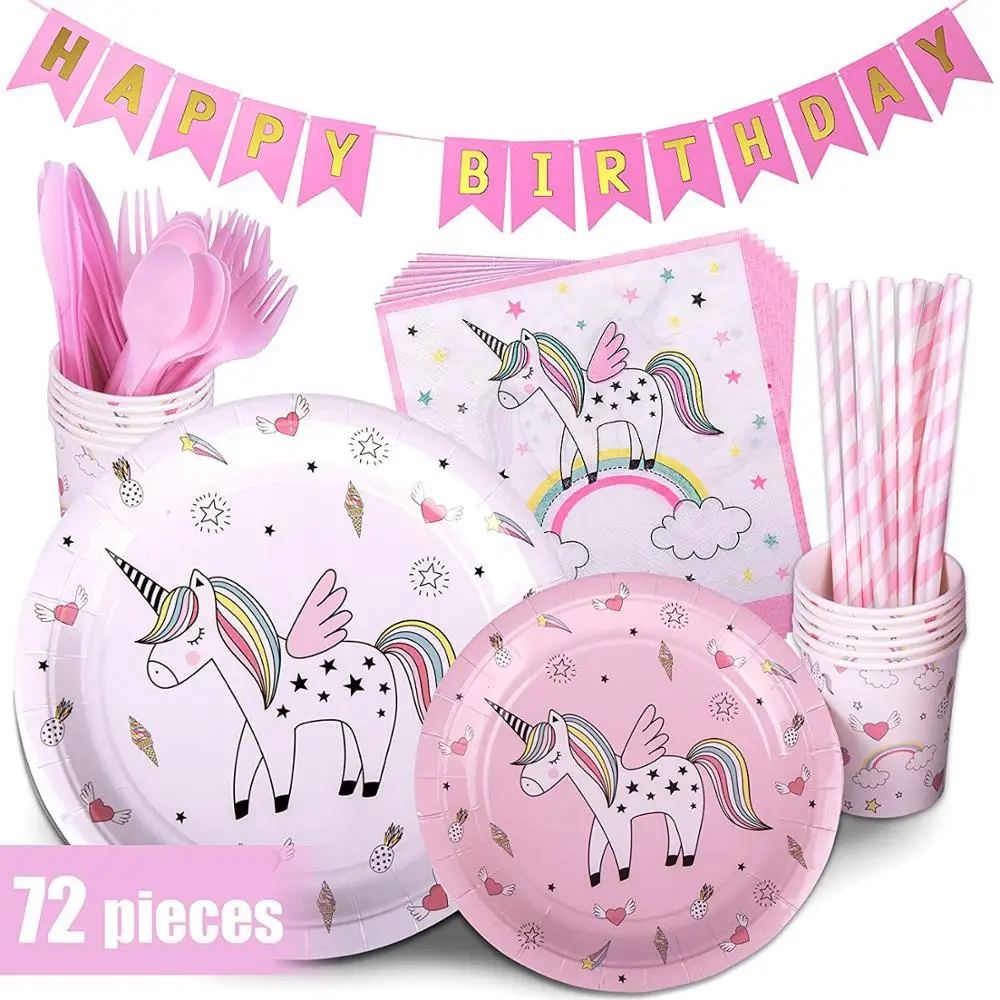 Customized Unicorn Theme Party Supplies 72 Piece Disposable Tableware Set for Girls Birthday Party Decoration