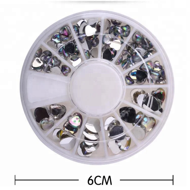 Mixed Size White AB Flat Back Nail Art Heart Acrylic Rhinestone Decoration Stickers With Wheel Box