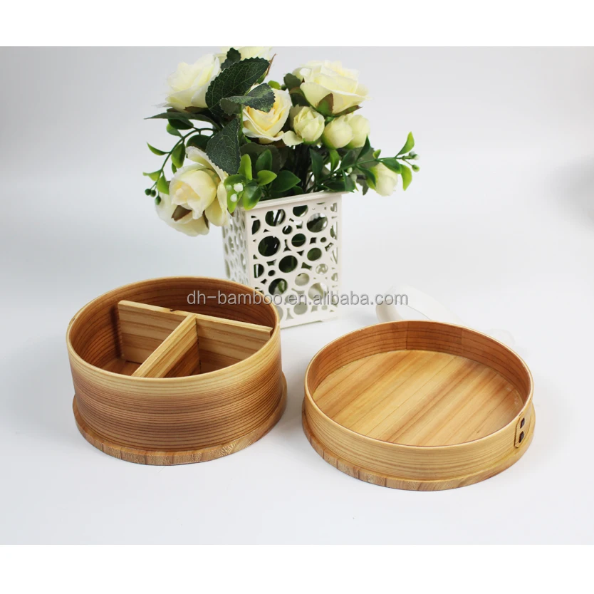 
High Quality Round Wooden Bento Lunch Box Leakproof Food Container Covering with PU Painting 