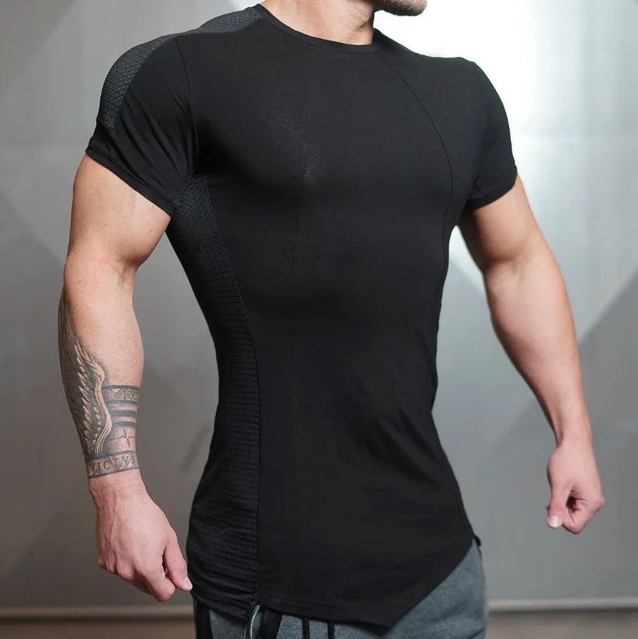 Custom logo blank bodybuilding fitness compressed custom polyester gym men t shirt