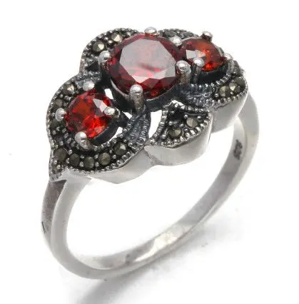 Marcasite Ruby Rings Designed Sterling Silver New Poly Bag CLASSIC Zircon Antique Silver Geometric Silver Fashion Jewelry 6.8 G