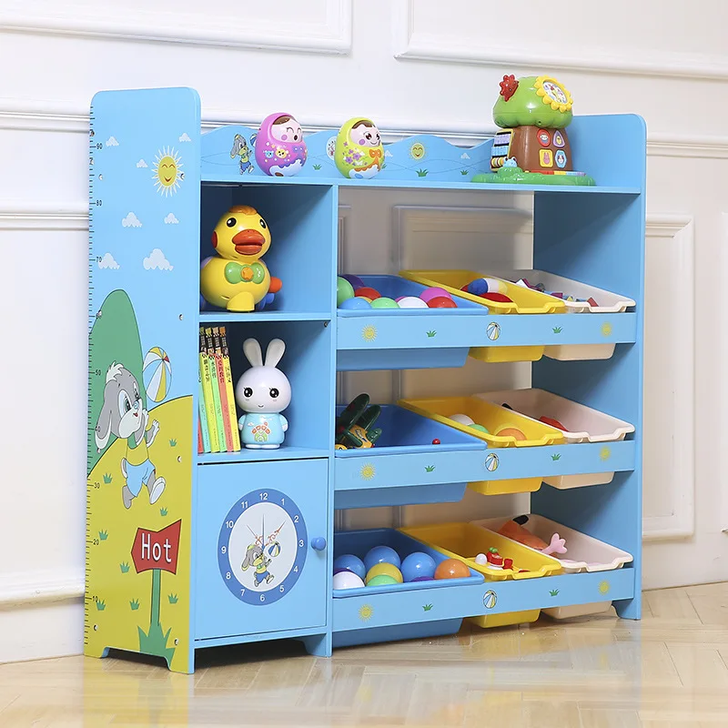 Eeo-friendly Children Wooden Cartoon Design Cabinet Kids Toy Storage Shelf With Plastic Collection