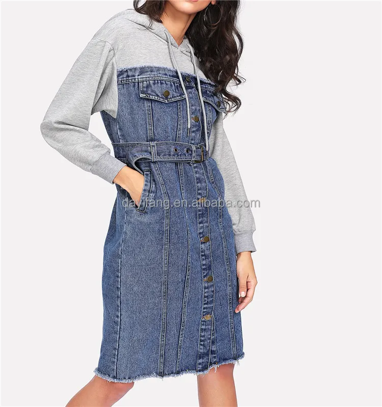 Fashion ladies clothing custom casual long sleeve washed women denim dress