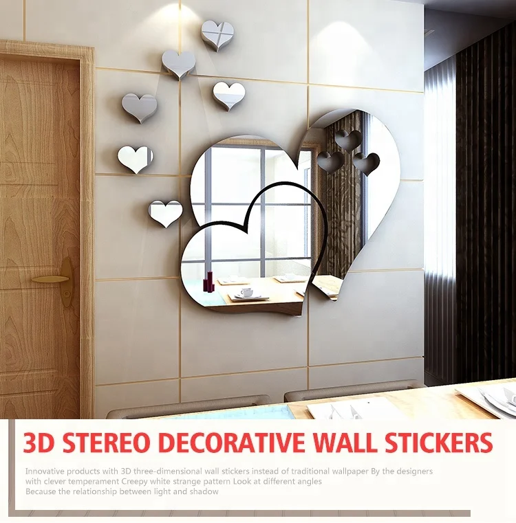 Heart shape 3d mirror wall decor dining room sofa wall decorative mirror sticker
